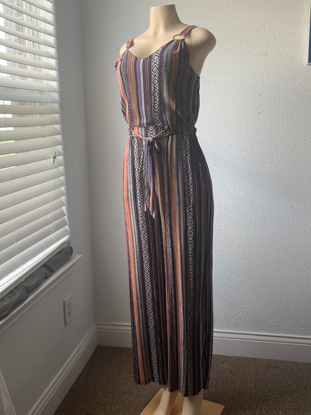 Boho Printed Sleeveless Jumpsuit Womens S 3-5 O-Ring Wide Leg